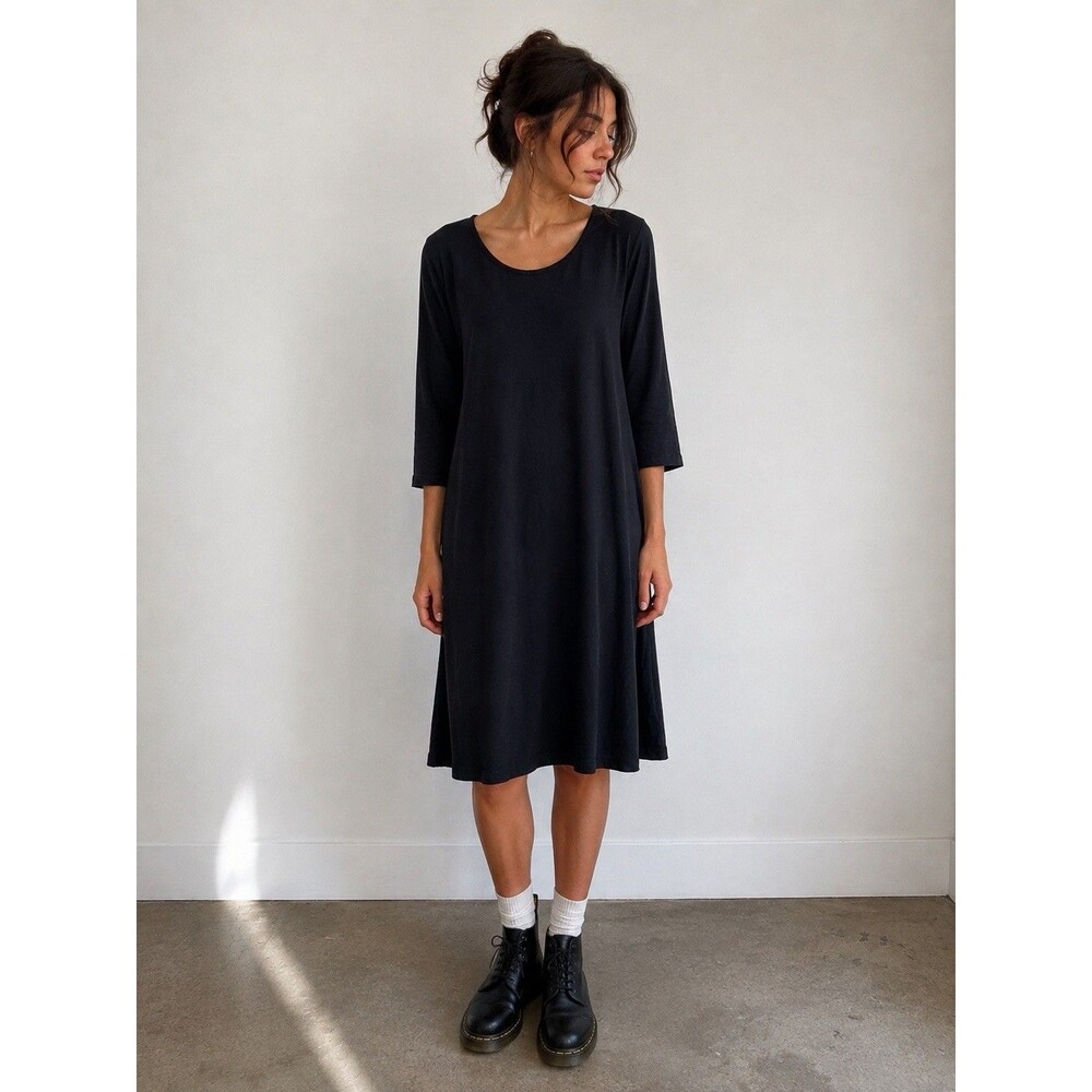 Coyuchi 100% Organic Cotton Black Midi Dress L Minimalist Side Slit Made India